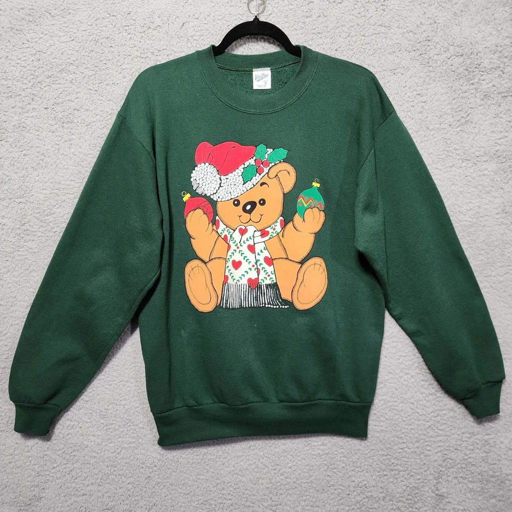 Vintage Velva Sheen‎ Christmas Teddy Bear Green Sweatshirt  Medium 80s 90s